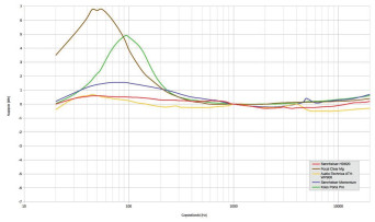 Rys. 6 Zmiany charakterystyki przetwarzania dla różnych słuchawek,
dla impedancji wyjściowej 100 Ω.