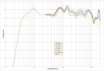 Rys. 2. Taga HARMONY TAV-616F SE - charakterystyka przetwarzania w całym pasmie akustycznym, na różnych osiach.