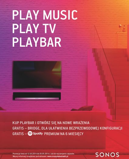 Sonos Playbar z routerem Bridge oraz kontem Spotify Premium w salonie Q21
